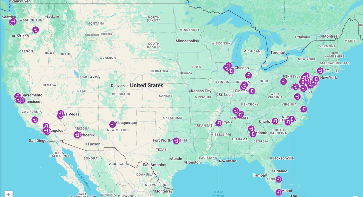 Map of Amazon IXD (Inbound Cross-Dock) facility locations across the United States, showing the concentration of inbound infrastructure in the Northeast corridor