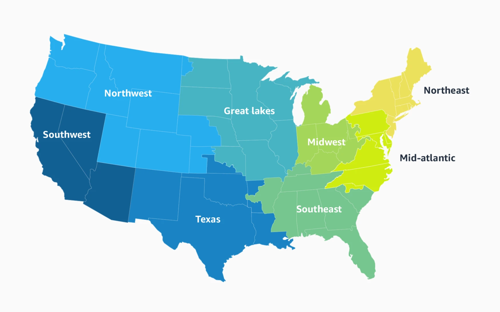 Map of Amazon's 8 US fulfillment regions, each designed to be largely self-sufficient for customer order fulfillment