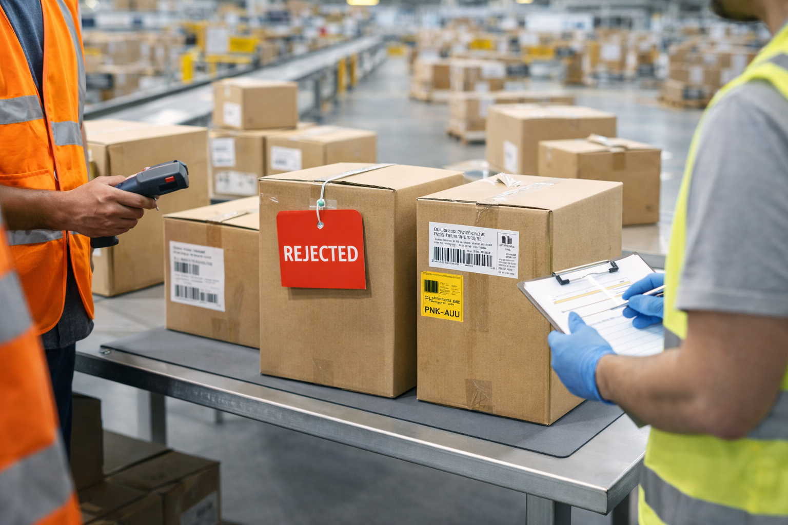 Amazon FBA shipment boxes being inspected at fulfillment center
